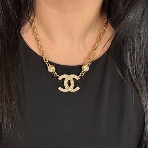 CHANEL Statement Vintage Gold Crystal CC Pendant Collar Necklace